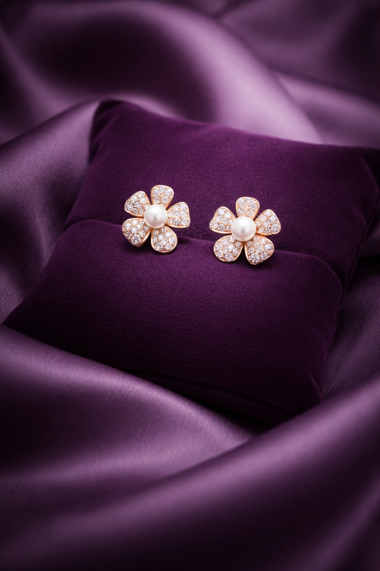 STUNNING ROSEGOLD PLATED FLOWER DESIGN SILVER EARRINGS