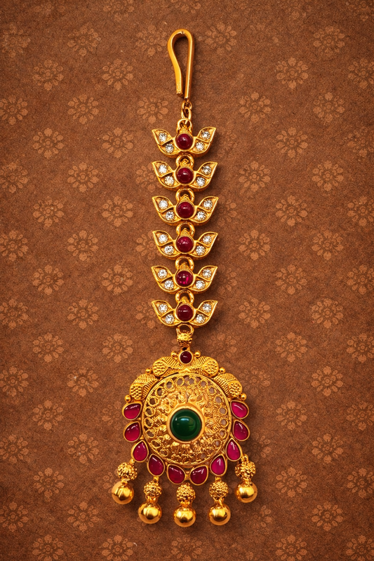 BEAUTIFUL RUBY EMERALD GOLD PLATED SILVER PAPIDI CHAIN/ MAANGTIKA/ HEAD ORNAMENT