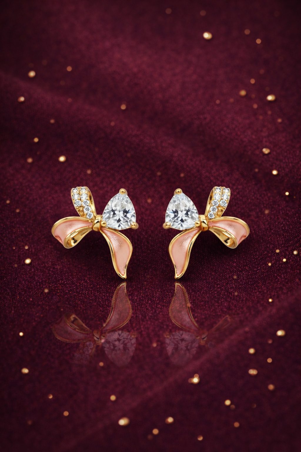 FABULOUS GOLD PLATED PINK COLOURED SILVER BOW EARRINGS