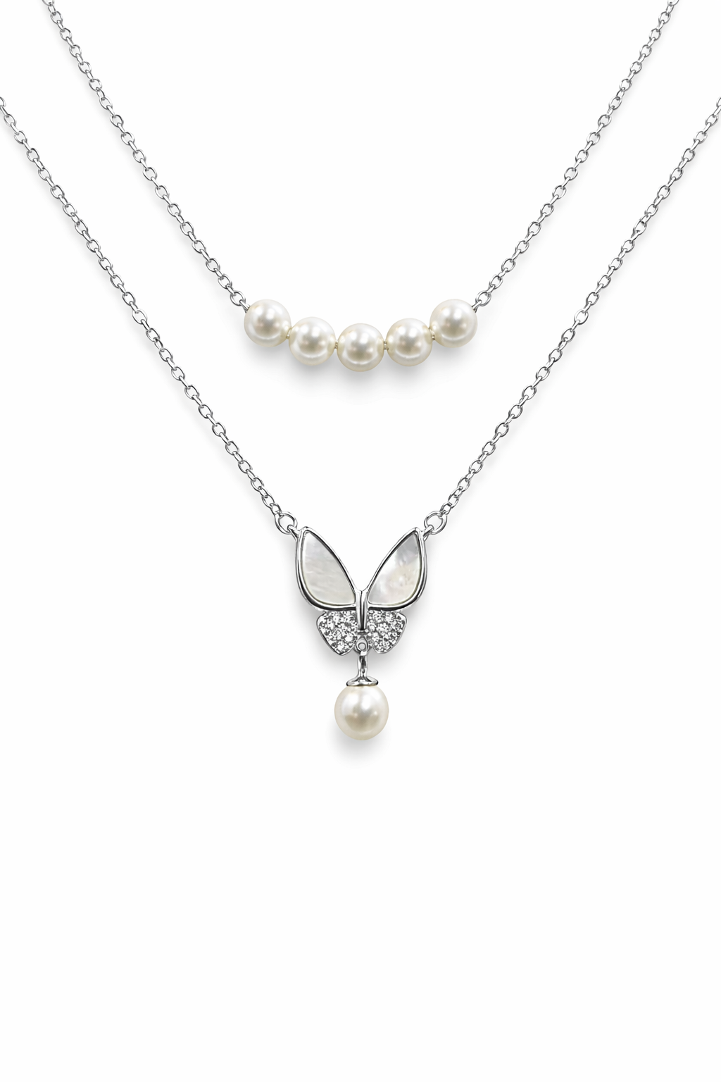 BUTTERFLY PEARLS - SILVER NECKLACE WITH CZ STONES