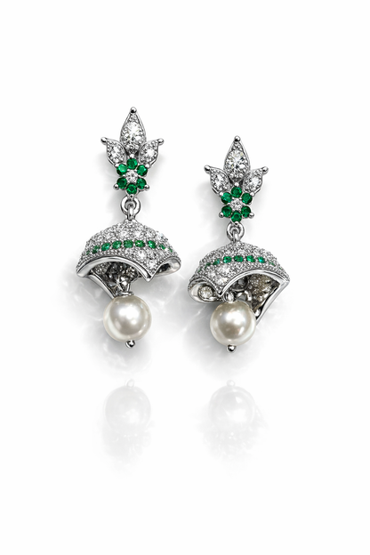 DIVA OXIDISED SILVER EARRINGS WITH CZ STONES, PEARLS AND EMERALDS
