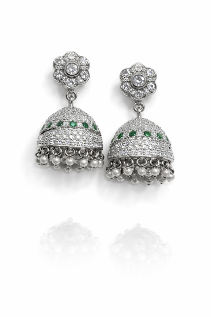 MOON BEAM OXIDISED SILVER EARRINGS WITH CZ STONES, PEARLS AND EMERALDS