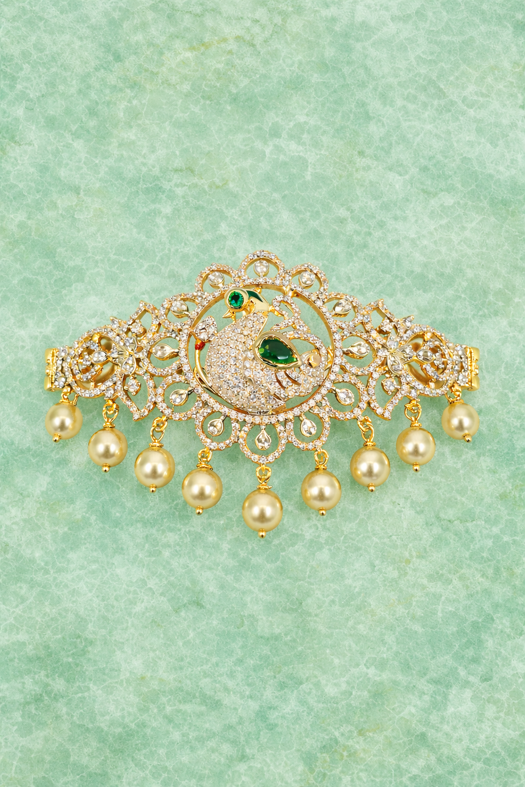 CZ PEACOCK GOLD PLATED SILVER CHOKER  PENDANT /BAJUBANDH /HAND ACCESSORY