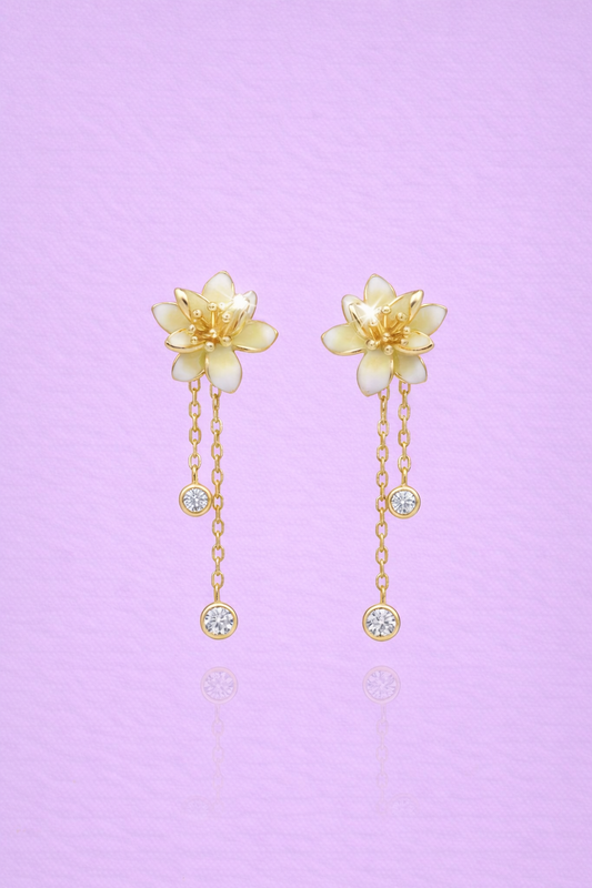 CHARMING GOLD PLATED YELLOW FLOWER DESIGN SILVER EARRINGS