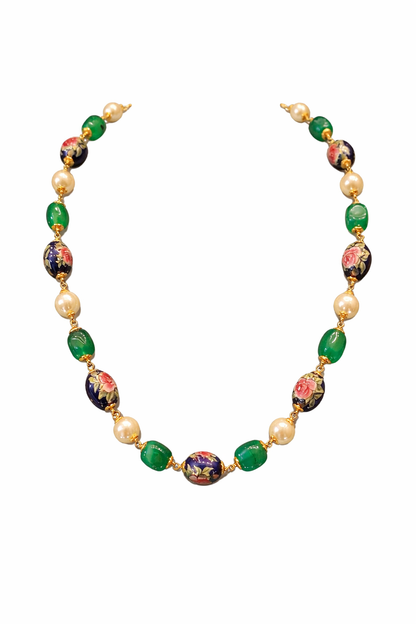FLORAL DESIGN ENAMELLED GOLD PLATED SILVER BEADS MALA