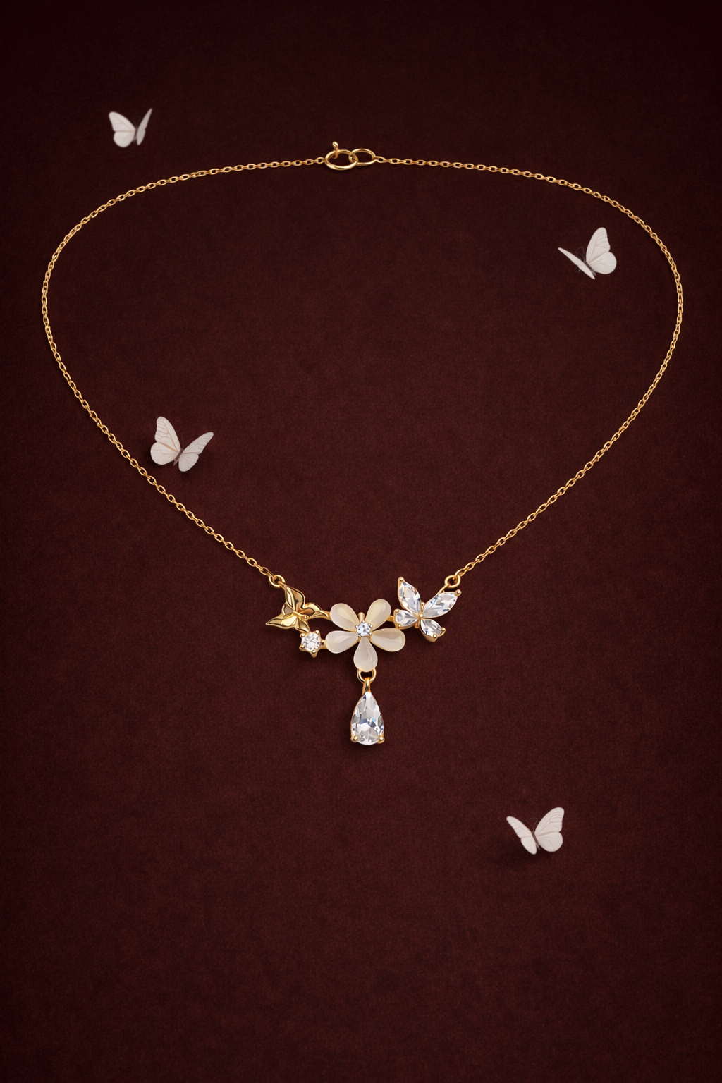 FLOWER BLOOM GOLD PLATED BUTTERFLY SILVER NECKLACE