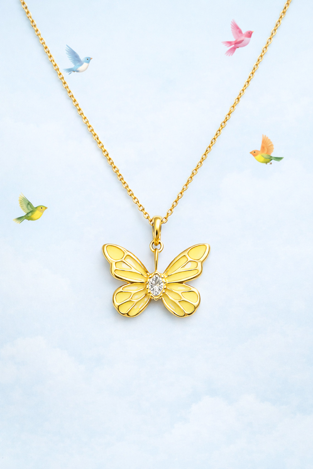 YELLOW SUNSHINE  -  GOLD PLATED BUTTERFLY DESIGN SILVER NECKLACE