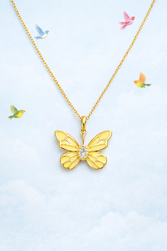 YELLOW SUNSHINE  -  GOLD PLATED BUTTERFLY DESIGN SILVER NECKLACE