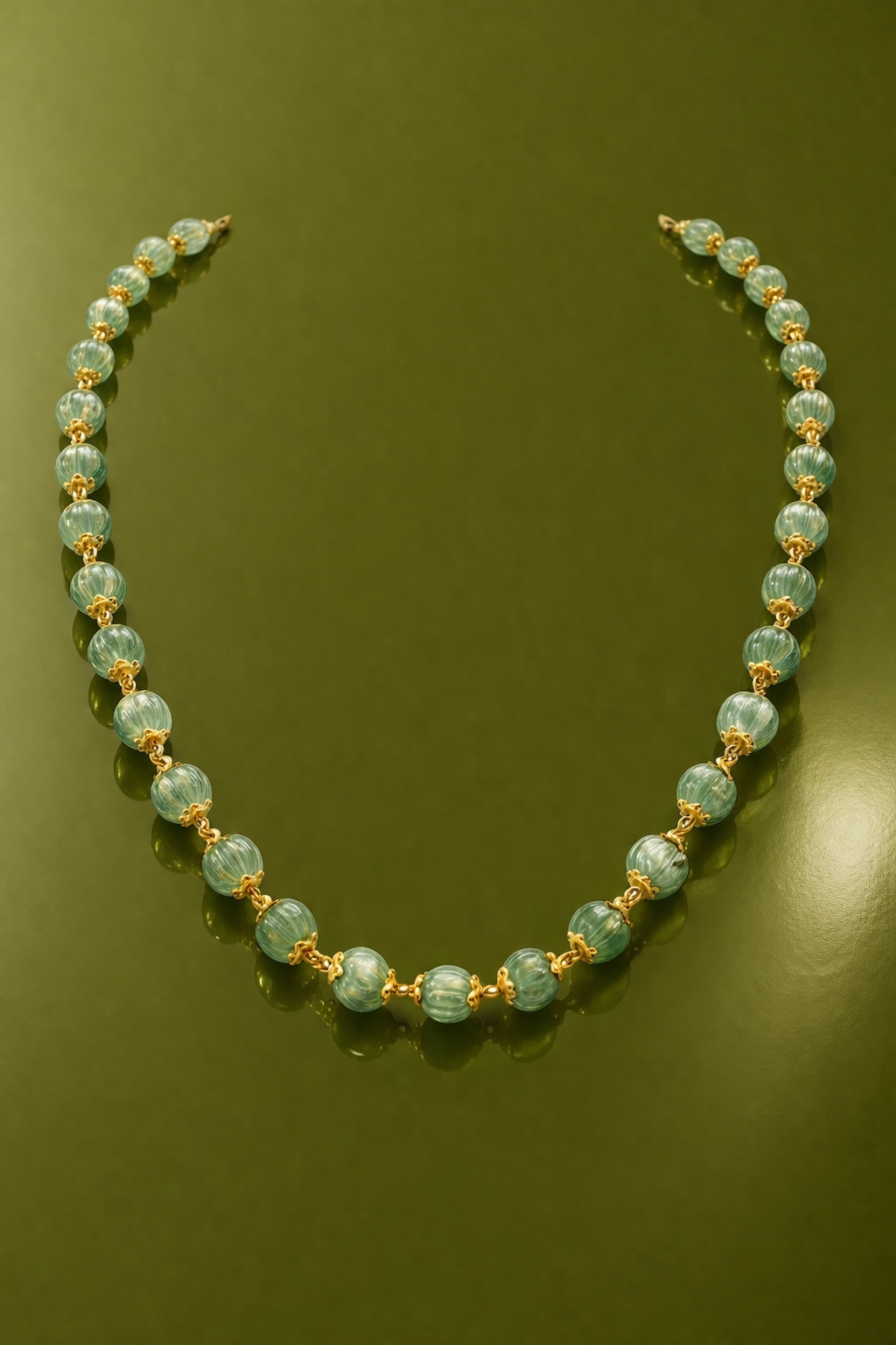 GREEN PUMPKIN BEADS GOLD PLATED SILVER MALA