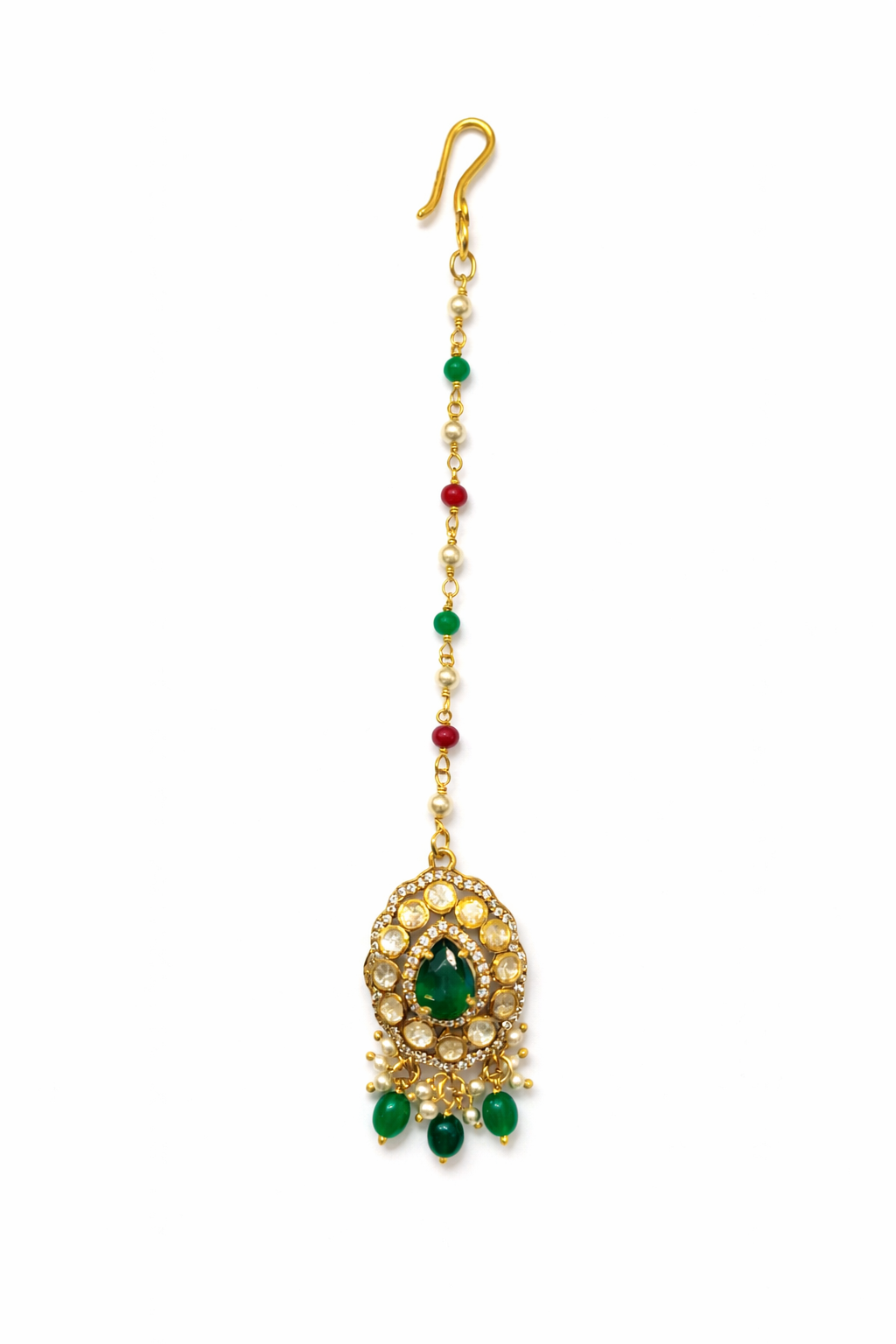 INDIAN MOTIF DESIGN EMERALD AND PEARLS GOLD PLATED SILVER PAPIDI CHAIN / MAANGTIKA/ HEAD ORNAMENT