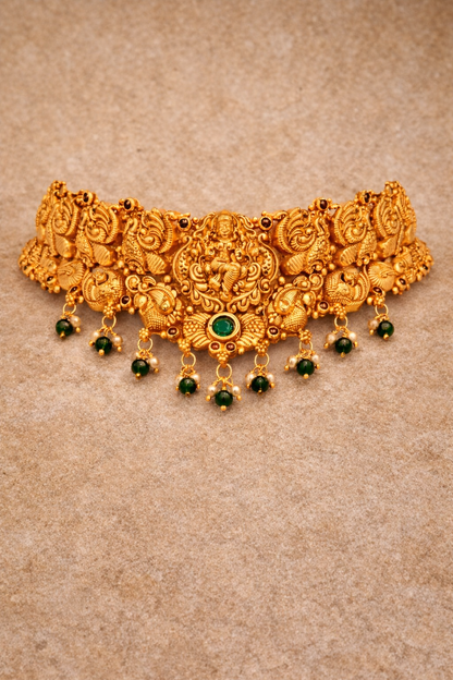 PEACOCK SHAKTI GOLD PLATED SILVER CHOKER