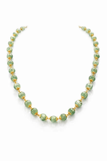 GREEN PUMPKIN BEADS GOLD PLATED SILVER MALA