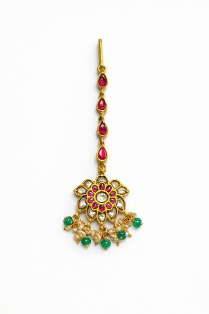 KUNDAN FLORAL DESIGN GOLD PLATED SILVER PAPIDI CHAIN/ MAANGTIKA/ HEAD ORNAMENT