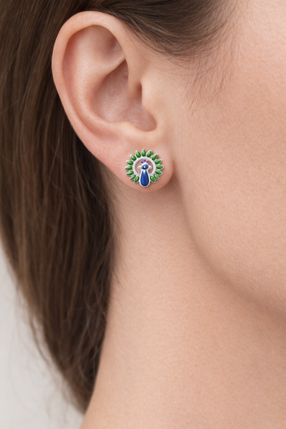 DANCING PEACOCKS ENAMELLED SILVER EARRINGS