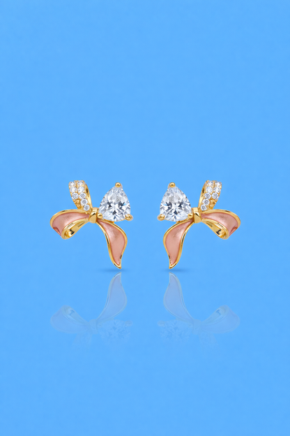 FABULOUS GOLD PLATED PINK COLOURED SILVER BOW EARRINGS