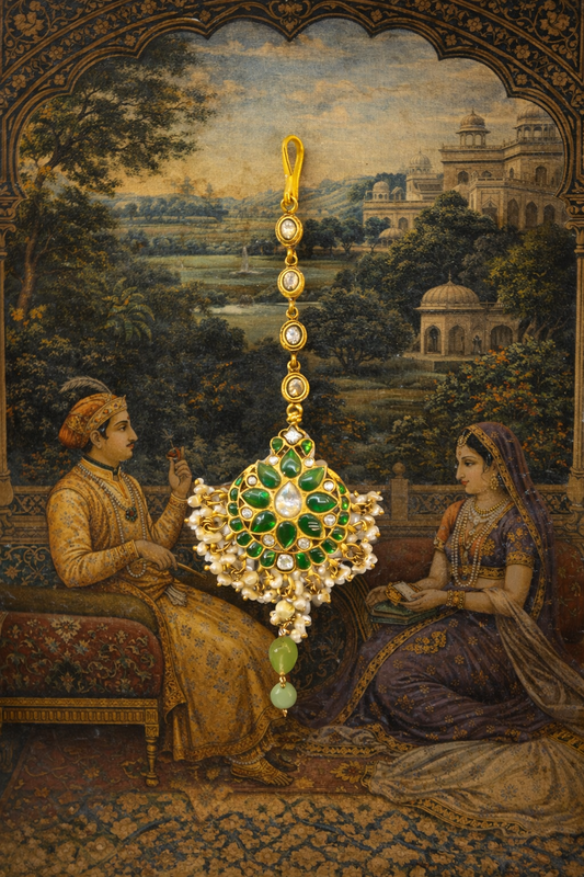 FLORAL DESIGN EMERALD AND PEARL GOLD PLATED SILVER PAPIDI CHAIN/ MAANGTIKA/ HEAD ORNAMENT