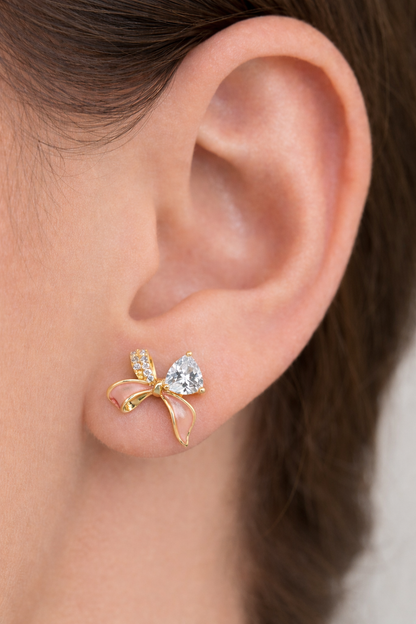FABULOUS GOLD PLATED PINK COLOURED SILVER BOW EARRINGS