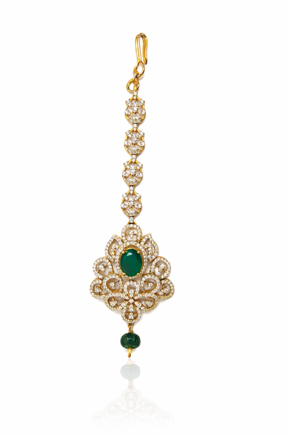 LEAF DESIGN GOLD PLATED EMERALD SILVER MAANGTIKA / PAPIDICHAIN / HEAD ORNAMENT