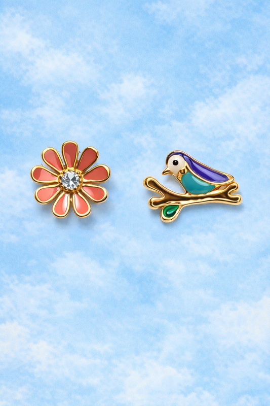 MISMATCH AUTUMN THEME GOLD PLATED SILVER EARRINGS