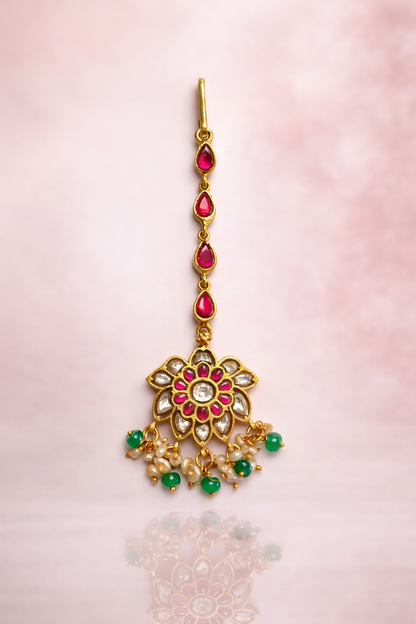 KUNDAN FLORAL DESIGN GOLD PLATED SILVER PAPIDI CHAIN/ MAANGTIKA/ HEAD ORNAMENT