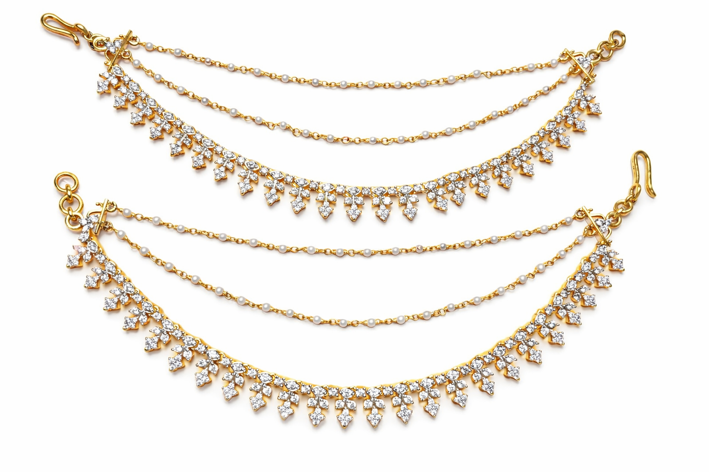 CZ AND BEADS PEARLS GOLD PLATED SILVER CHAMPASWARALU/ EAR ACCESSORIES/ HAIR MAATAL/ EAR CHAINS