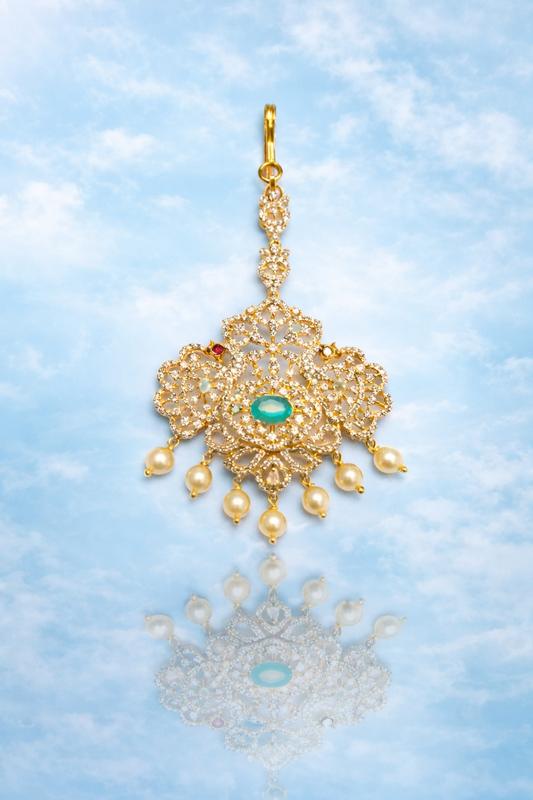 ROYAL CZ GOLD PLATED SILVER PAPIDI CHAIN/ MAANGTIKA/ HEAD ORNAMENT