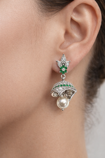 DIVA OXIDISED SILVER EARRINGS WITH CZ STONES, PEARLS AND EMERALDS