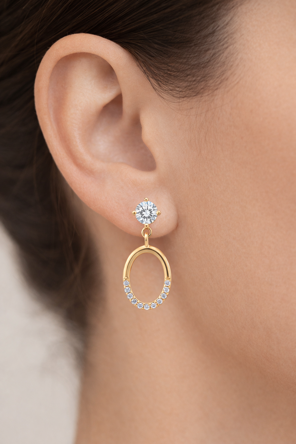 ELEGANT GOLD PLATED SILVER EAR STUDS WITH OVAL HANGINGS