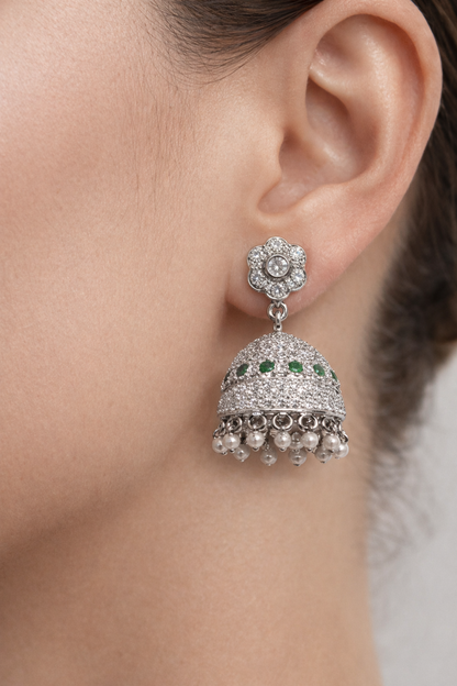 MOON BEAM OXIDISED SILVER EARRINGS WITH CZ STONES, PEARLS AND EMERALDS