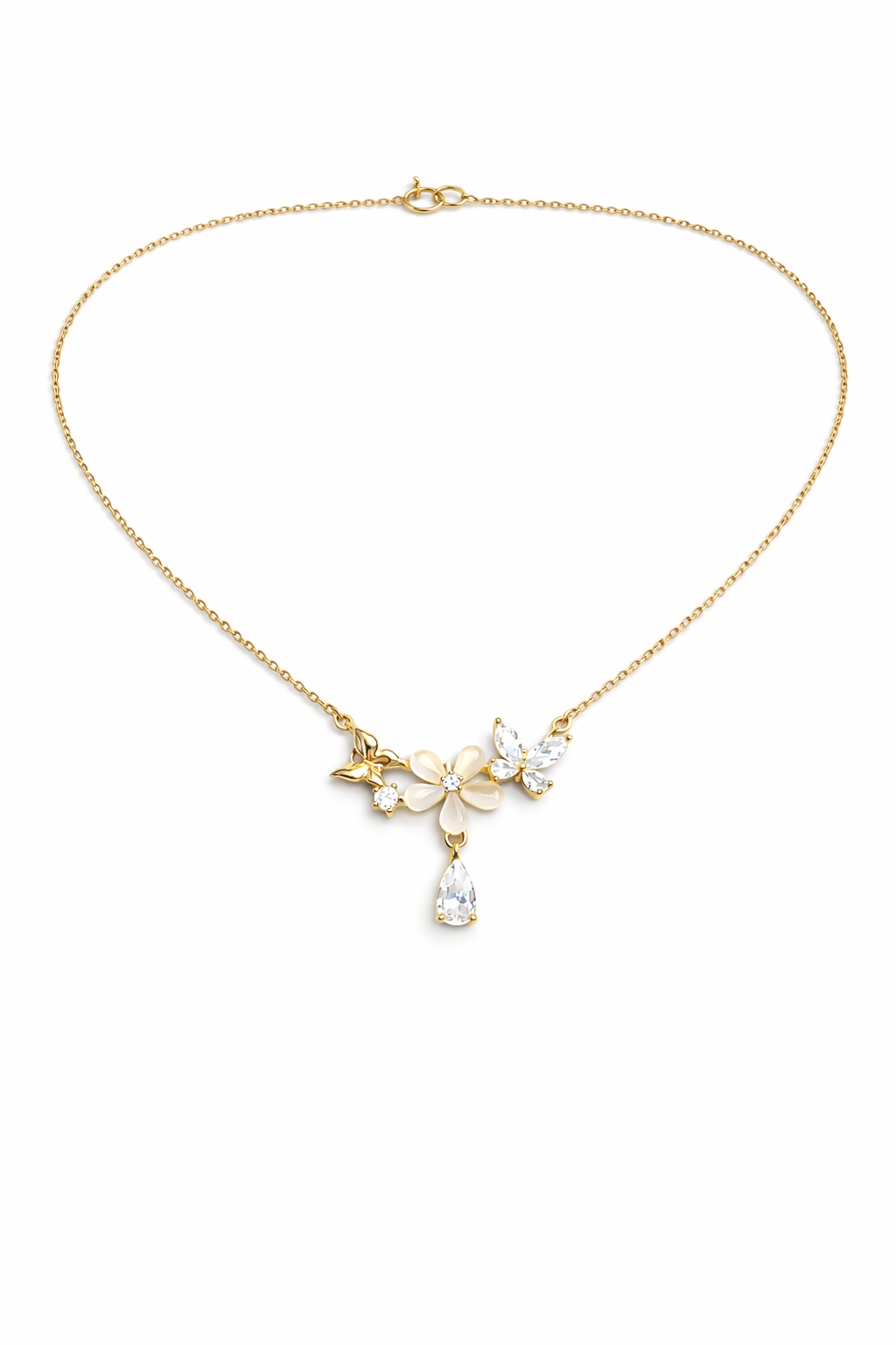 FLOWER BLOOM GOLD PLATED BUTTERFLY SILVER NECKLACE