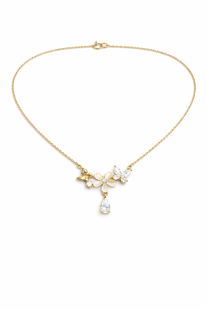 FLOWER BLOOM GOLD PLATED BUTTERFLY SILVER NECKLACE