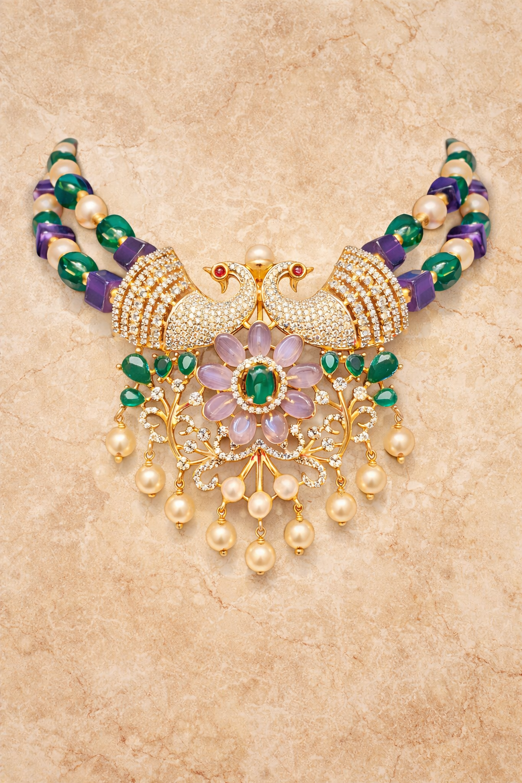 PEACOCK BLISS GOLD PLATED SILVER CHOKER NECKLACE