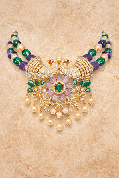 PEACOCK BLISS GOLD PLATED SILVER CHOKER NECKLACE