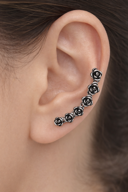 GREY BLOSSOM METALLIC FINISH SILVER EARCUFFS