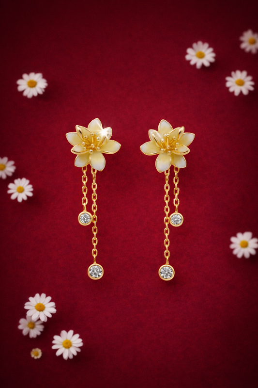 CHARMING GOLD PLATED YELLOW FLOWER DESIGN SILVER EARRINGS
