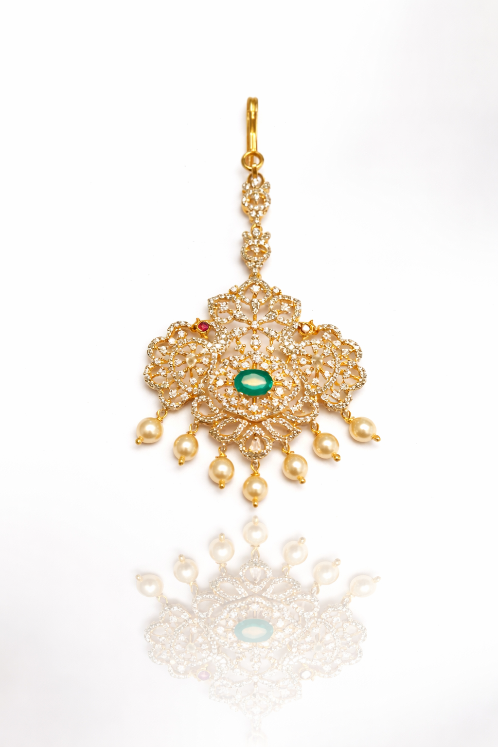 ROYAL CZ GOLD PLATED SILVER PAPIDI CHAIN/ MAANGTIKA/ HEAD ORNAMENT