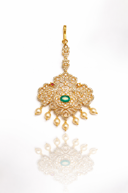 ROYAL CZ GOLD PLATED SILVER PAPIDI CHAIN/ MAANGTIKA/ HEAD ORNAMENT