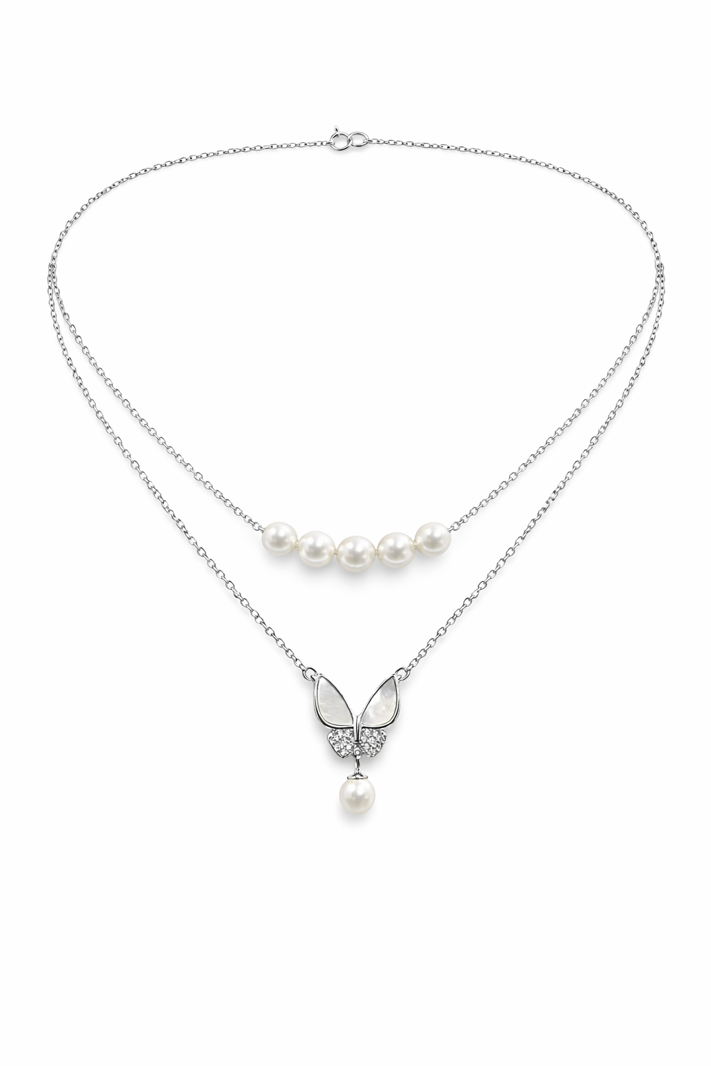 BUTTERFLY PEARLS - SILVER NECKLACE WITH CZ STONES