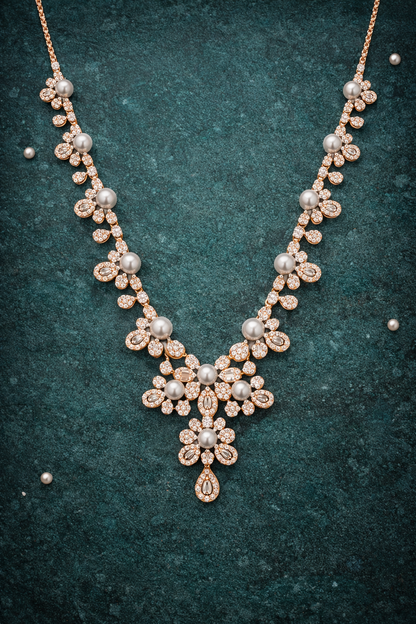 FLORAL FAB ROSE GOLD PLATED SILVER NECKLACE AND EARRINGS SET