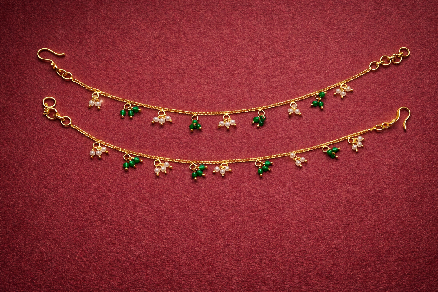 EMERALD BEADS AND PEARLSGOLD PLATED SILVER CHAMPASWARALU/ EAR ACCESSORIES/ HAIR MAATAL/ EAR CHAINS