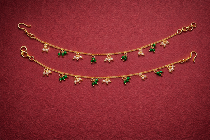 EMERALD BEADS AND PEARLSGOLD PLATED SILVER CHAMPASWARALU/ EAR ACCESSORIES/ HAIR MAATAL/ EAR CHAINS