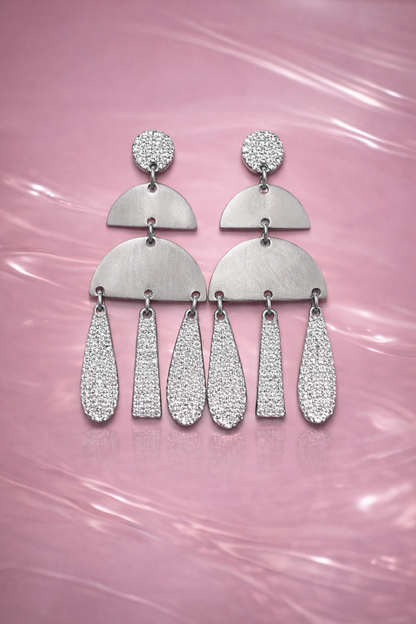 GEO TRIBE METALLIC FINISH SILVER EARRINGS