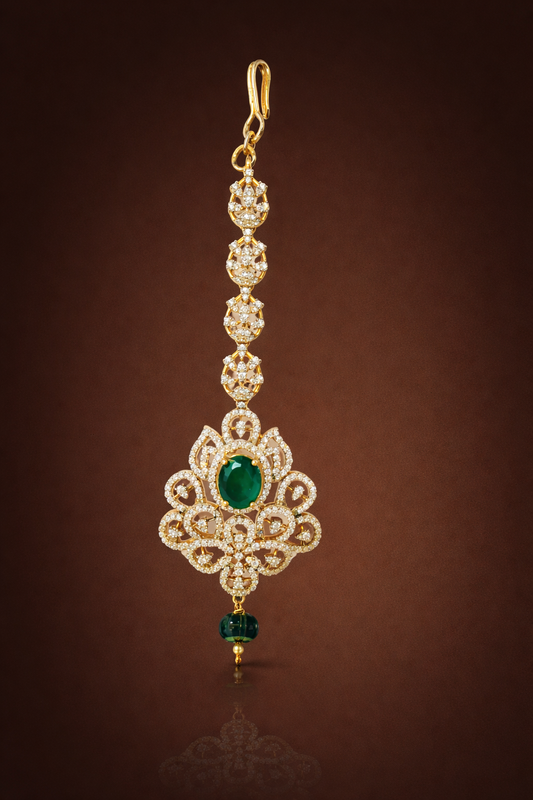 LEAF DESIGN GOLD PLATED EMERALD SILVER MAANGTIKA / PAPIDICHAIN / HEAD ORNAMENT
