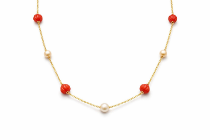 CORAL AND PEARL GOLD PLATED SILVER NECKLACE