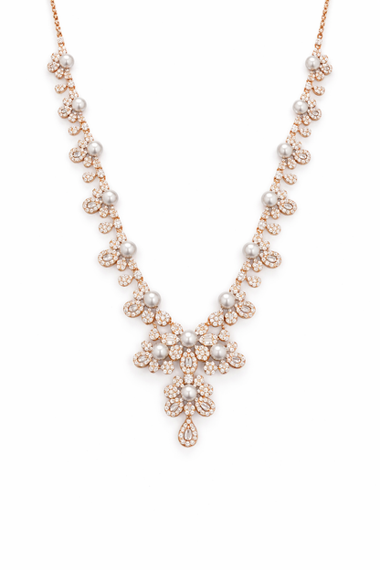 FLORAL FAB ROSE GOLD PLATED SILVER NECKLACE AND EARRINGS SET