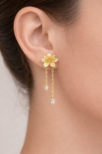 CHARMING GOLD PLATED YELLOW FLOWER DESIGN SILVER EARRINGS