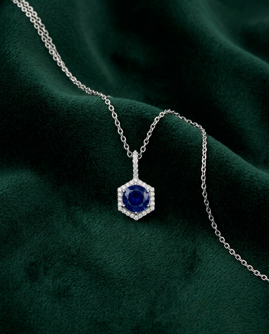 ROYAL BLUE HEXAGONAL CUBIC ZIRCONIA SILVER PLATED PENDANT