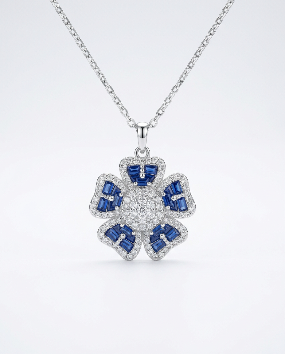 FLORAL MOTIF BLUE SAPPHIRE & CUBIC ZIRCONIA SILVER PENDANT