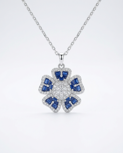 FLORAL MOTIF BLUE SAPPHIRE & CUBIC ZIRCONIA SILVER PENDANT