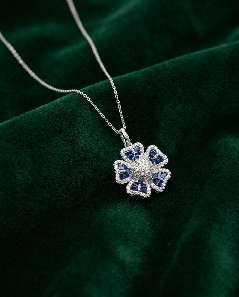 FLORAL MOTIF BLUE SAPPHIRE & CUBIC ZIRCONIA SILVER PENDANT
